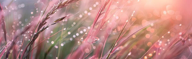 Gardinen Green and pink grass in the morning macro. © Robert
