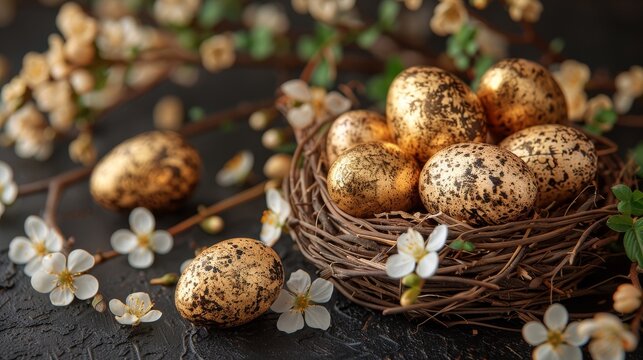  A brown-speckled egg-filled bird's nest rests near a white-flowered branch on a black background