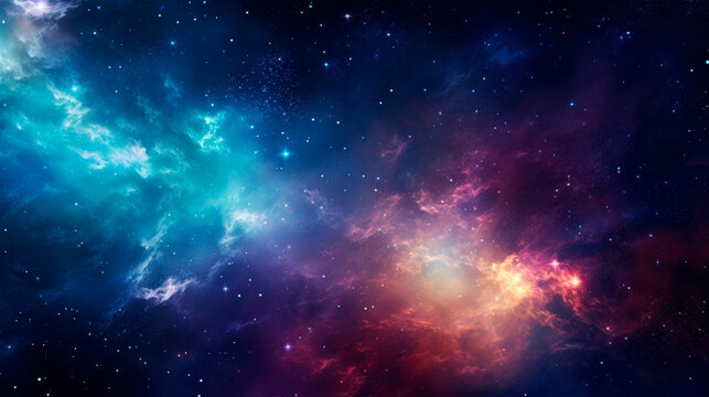 The image features a vibrant and dynamic space scene with a multitude of stars scattered across a cloudy backdrop. The clouds appear to be swirling and shifting, adding. Banner. Copy space