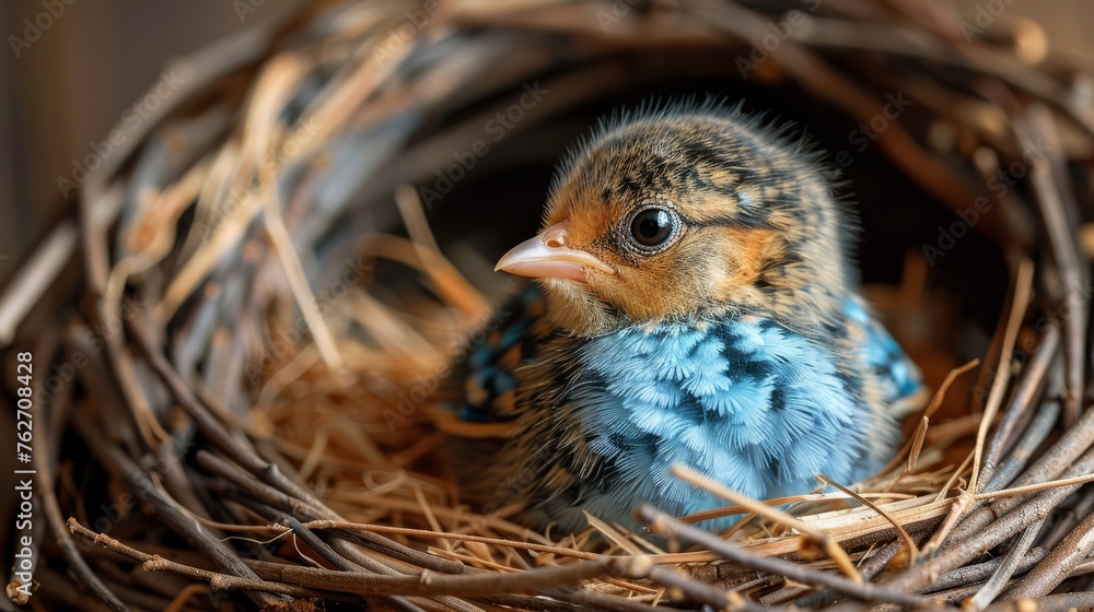 Poster a high-resolution image of a bird with its young one in its nest