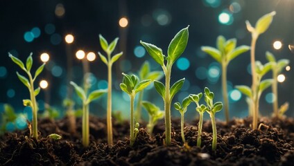 Rows of small seedlings growing in the soil, illuminated by gentle twinkling lights that evoke a sense of wonder and growth