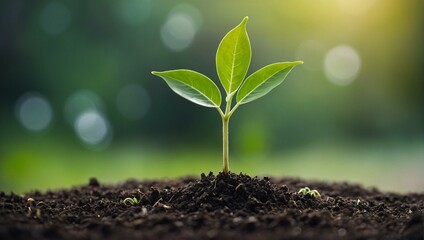 This image showcases the beginning of life with a young green plant emerging from rich fertile soil, symbolizing growth and new beginnings