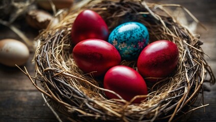 Close-up of a nest with red and one distinctly patterned Easter egg, portraying traditions and celebrations