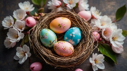 Vibrant Easter eggs nestled among cherry blossoms depict a festive spring celebration and renewal themes