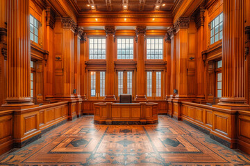 Fototapeta na wymiar Empty American Style Courtroom. Supreme Court of Law and Justice Trial Stand. Courthouse Before Civil Case Hearing Starts. Grand Wooden Interior with Judge's Bench, Defendant's and Plaintiff's Tables.
