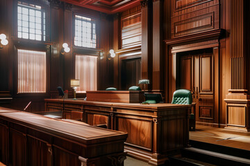 Empty American Style Courtroom. Supreme Court of Law and Justice Trial Stand. Courthouse Before Civil Case Hearing Starts. Grand Wooden Interior with Judge's Bench, Defendant's and Plaintiff's Tables. - obrazy, fototapety, plakaty