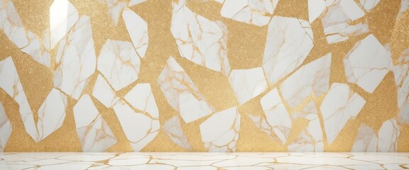 A contemporary designed wall with golden streaks on a white marble, reflecting opulent interior concepts