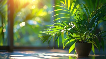  A table, near window, potted plant illuminated by sunbeams through foliage