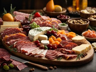 A richly adorned charcuterie board with an array of toppings, ideal for luxurious food spreads