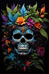 A vibrant arrangement of faux flowers in various colors against a dark backdrop, centered around an unfocused grey rectangle