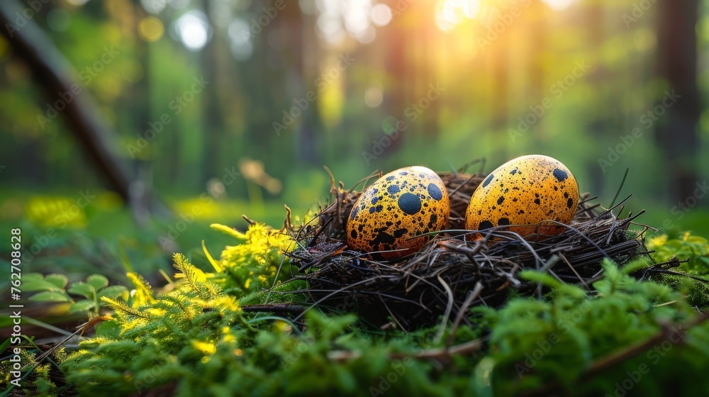 Poster two eggs on a nest in a forest with sunlight filtering through trees