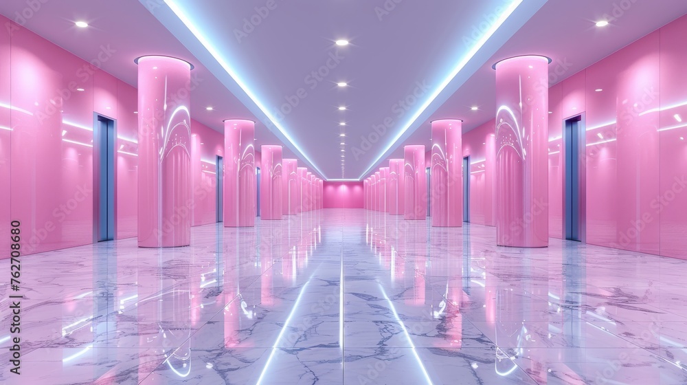 Aufkleber a pink and white hallway with columns and lights on either side of the hallway is now a long corrido