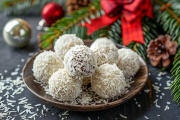 Pile of coconut and chocolate balls covered in coconut shavings on a plate with fir branch around it and red bow in the background. Top view. - Powered by Adobe