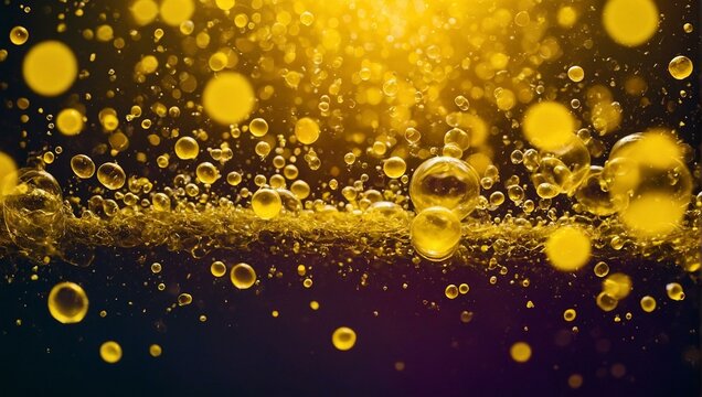 A captivating image showing numerous golden bubbles illuminated by a bright light on a black backdrop, creating a spectacular visual effect
