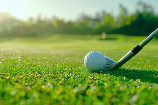 golf club and golf ball on green grass with blue sky.