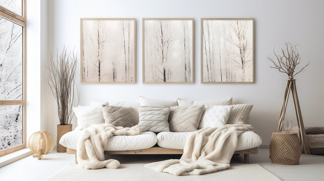 A living room with a white couch and three framed paintings on the wall. The paintings are of trees and the room has a cozy and warm atmosphere