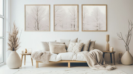 A living room with three framed pictures on the wall, a couch, and a rug. The room has a minimalist and clean look, with a neutral color palette. The couch is covered in a white blanket - obrazy, fototapety, plakaty