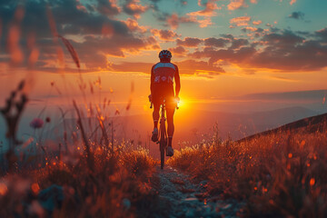 Silhouette of cyclist on a gravel bike riding on a dust trail at countryside during sunset. - obrazy, fototapety, plakaty