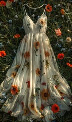 A floral dress on the grass, top view. Romantic, natural, beautiful.