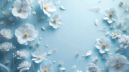 Spring nature background with lovely blossom in blue pastel color, top view, banner