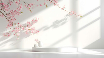 White marble stone table top with Sakura on blur bokeh background. Blank space for beauty product display. For display or montage you products. generative AI