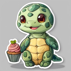 Obraz premium Sweet Serenity: Green Turtle Paired with a Cute Cupcake, Animated Sticker Blending Slowness with Sugary Delight. wild, wilderness.