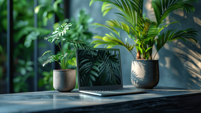 A minimalistic scene. a new laptop sitting on a smooth stone. Work from home. Remote work. Digital nomad. Tropical plants and flowers. Home office. 