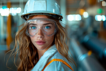 Caucasian engineer Woman worker at Metal lathe industrial manufacturing factory. portrait of cheerful young woman wearing white hardhat helmet happily looking at camera.