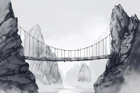 Fototapeta Rope bridge between two mountains, black and white colors.