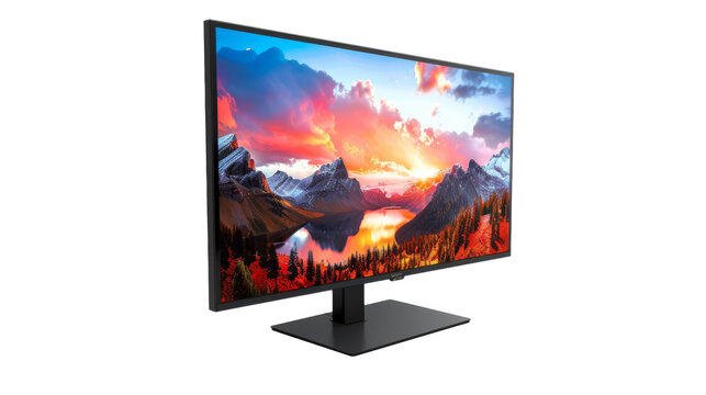 A sleek computer monitor sitting on a white background, emanating a soft glow