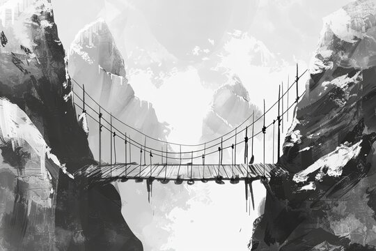 Fototapeta Rope bridge between two mountains, black and white colors.