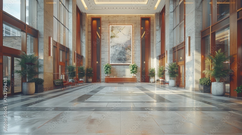 Poster the room had an empty lobby with potted plants lining both sides of the windows and a bench position