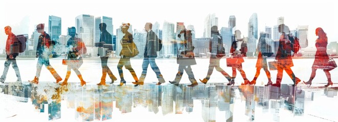double exposure, people in the city, walking on an office floor with skyscrapers behind them Generative AI