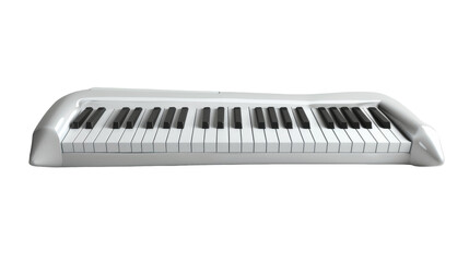 A white and black piano keyboard elegantly contrasts against a white backdrop
