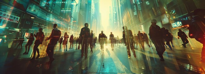 Many people are walking futuristically towards the camera in an abstract cityscape in the style of double exposure with light effects and motion blur Generative AI - obrazy, fototapety, plakaty