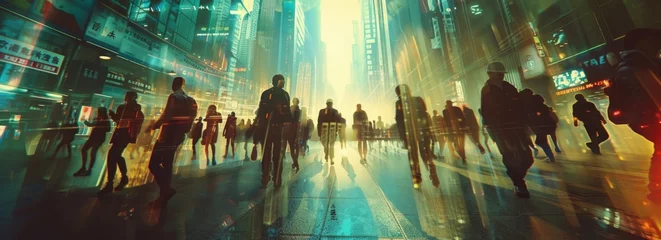 Fotobehang Many people are walking futuristically towards the camera in an abstract cityscape in the style of double exposure with light effects and motion blur Generative AI © SKIMP Art