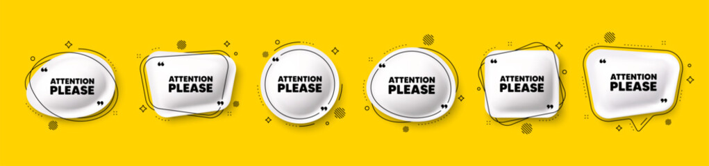 Attention please tag. Speech bubble 3d icons set. Special offer sign. Important information symbol. Attention please chat talk message. Speech bubble banners with comma. Text balloons. Vector