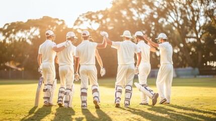 Cricket team spirit victory celebrations, high fives, huddles showcasing team synergy and bond.