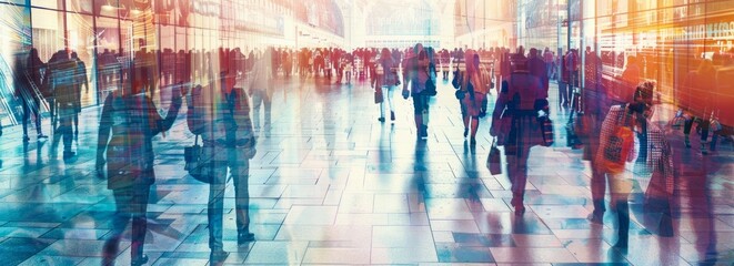 A large group of people walking in the shopping mall double exposure photography Generative AI - obrazy, fototapety, plakaty