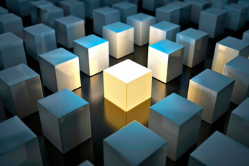 Stand out from the crowd, different creative idea concepts, a luminous opened light box glowing among closed white square boxes on dark background with reflections and shadows.
