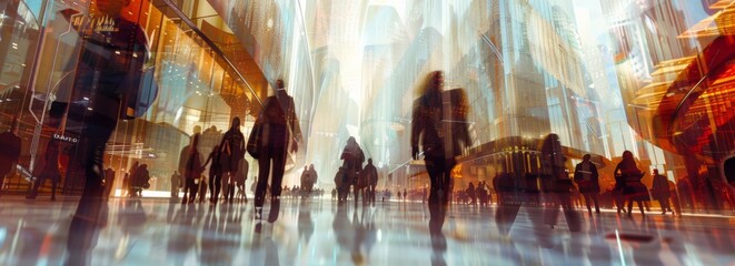 A group of people dressed in modern, urban attire walking through an opulent shopping mall with skyscrapers towering above them Generative AI