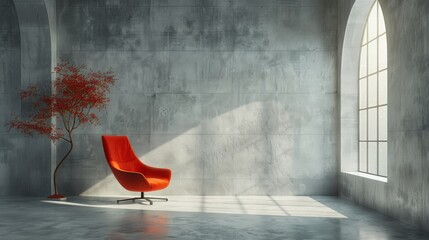  A red chair sits beside a red tree in a room with a concrete wall and a large arched window