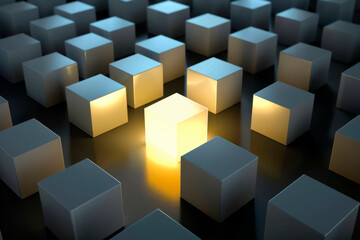 Obraz premium Stand out from the crowd, different creative idea concepts, a luminous opened light box glowing among closed white square boxes on dark background with reflections and shadows.