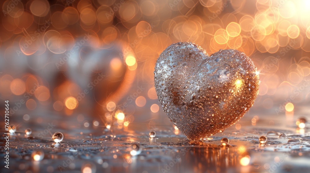 Poster  A heart-shaped object sits atop a raindrop-covered table, with a bokeh of lights in the background
