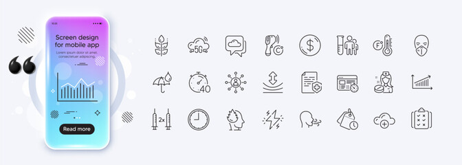 Nurse, Rule and Resilience line icons for web app. Phone mockup gradient screen. Pack of Coronavirus vaccine, Stress, Medical mask pictogram icons. Vector