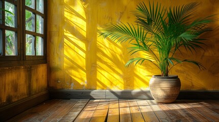 A pot plant perched atop a wooden surface, bathed by yellow walls and shrouded by a cast shadow