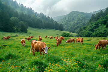 Fototapeta na wymiar Cows are grazing on Alpine meadow. Cattle pasture in a grass field. Angus cattle.