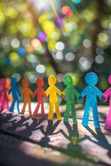 paper people of all colors holding hands, side view, selective focus, bokeh