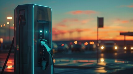 The intricate details of an EV charging station at dawn, symbolizing the start of a new, ecofriendly day