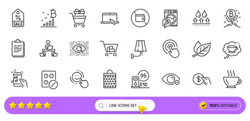 Internet shopping, Portable computer and Waterproof line icons for web app. Pack of Bitcoin graph, Teamwork, Music phone pictogram icons. Bitcoin project, Wallet, Petrol station signs. Vector